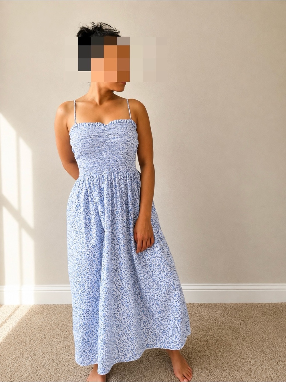 H&M Light Blue Floral Smocked Midi Dress